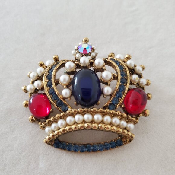 Vintage WEISS Signed Royal Crown Brooch Pearls Cabachon Aurora Borealis Goldtone - Picture 5 of 7